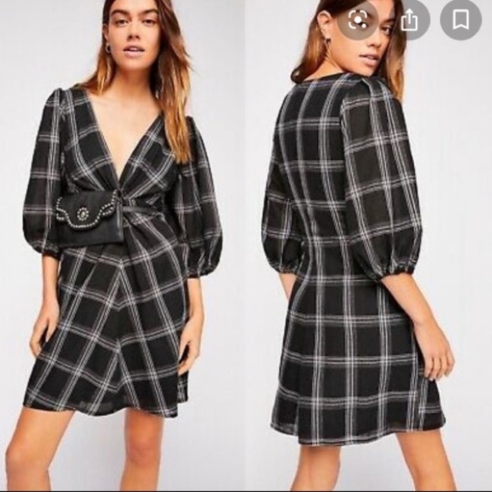 Free People Black & White Plaid Wrap Mini Dress
